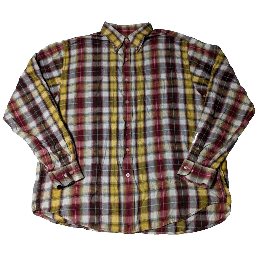 KEELER‎ BAY Men XL Yellow Burgundy Cotton Plaid Long Sleeve Button-Up Shirt